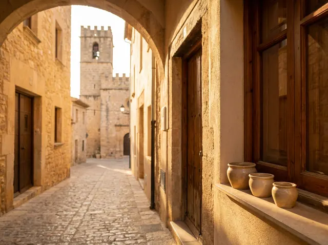 Casco antiguo con iglesia fortificada y casas de piedra de tono miel